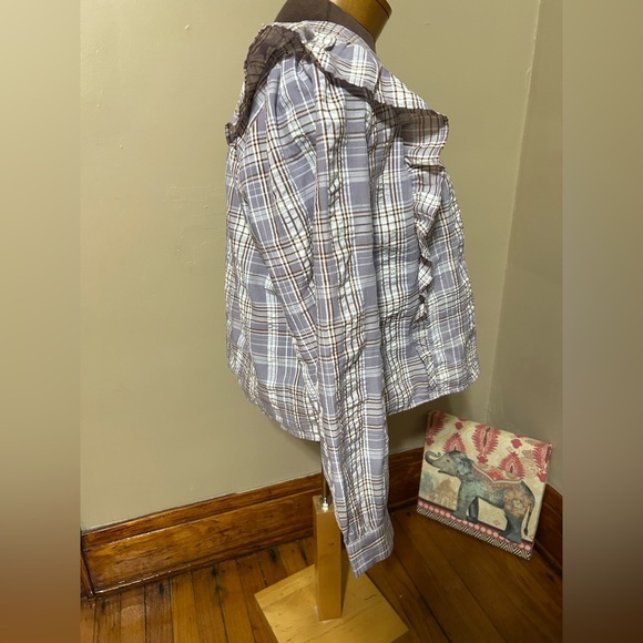Ann Taylor LOFT  Women Frosted Lavender Plaid Ruffle Cropped Blouse, L Prairie - Picture 6 of 12
